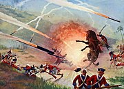 A painting showing the Mysorean army fighting the British forces with Mysorean rockets, which used metal cylinders to contain the combustion powder.[70]