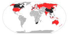 Mapa dos países infectados pelo SARS-CoV:   Países com mortes confirmadas   Países com casos confirmados   Países sem casos confirmados