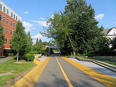 A rail trail in a suburban area