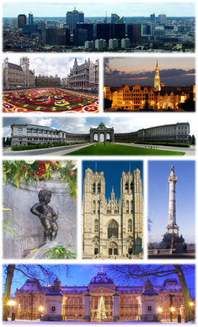 De cima para baixo e da esquerda para a direita: 1) Área de negócios do Bairro Norte; 2) Carpete floral na Grand Place; 3) Prefeitura e área de Mont des Arts; 4) Parque Cinquantenaire;5) Manneken Pi; 6) Catedral de São Miguel e Santa Gudula; 7) Coluna do Congresso; 8) Palácio Real