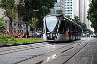 A light-rail vehicle of the VLT Carioca on Avenida Rio Branco in Rio de Janeiro, Brazil
