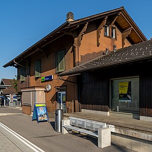 Two-story building with gabled roof