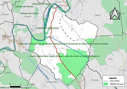 Carte des ZNIEFF de type 1 sur la commune.