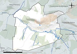 Carte en couleur présentant le réseau hydrographique de la commune