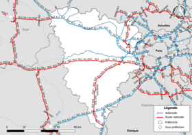 Carte du réseau routier national (autoroutes et routes nationales) dans le département des Yvelines