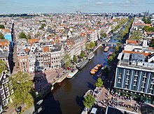 Taken from the top of the Westerkerk church, this image shows the Prinsengracht canal and the rooftops of the buildings in the neighborhood