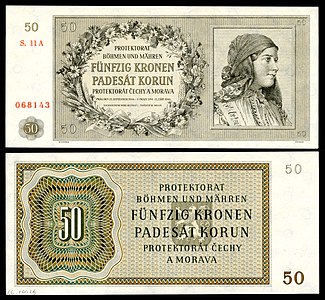 Fifty Bohemian and Moravian koruna from 1944, by the National Bank for Bohemia and Moravia