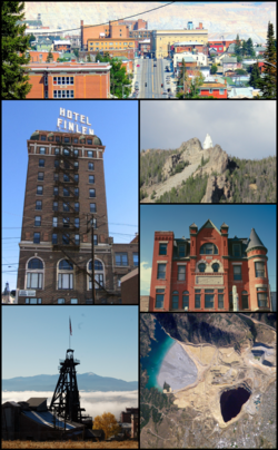 Clockwise, left to right: view of uptown Butte from west; Our Lady of the Rockies; Curtis Music Hall; aerial view of the Berkeley Pit; mine headframe; and the Finlen Hotel
