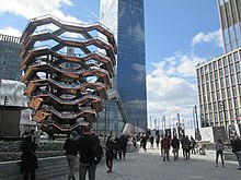 Hudson Yards public plaza with the "Vessel" structure at left