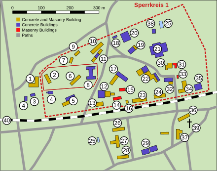 Plan de masse en couleurs du site de la Wolfsschanze, reprenant l'emplacement des bâtiments