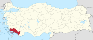 Muğla highlighted in red on a beige political map of Turkeym