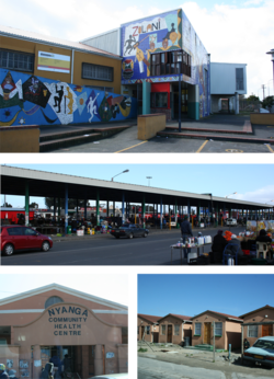 Top: Zolani Recreational Centre. Middle: Nyanga taxi rank. Bottom left: Nyanga Community Health Centre. Bottom right: government built RDP houses that are common in the area.