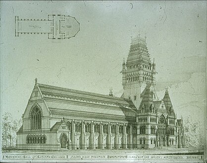 Memorial Hall as originally built. Inset plan shows Alumni Hall (left and center), Memorial Transept (center-right), and Sanders Theatre (right).