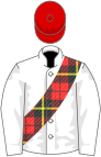 White, Wallace tartan sash, red cap