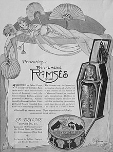 Advertisement with an illustration of a woman with ancient Egyptian-style clothes and furniture