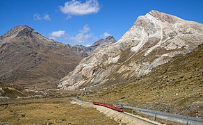 An RhB Regio train to Tirano between Lagalb and Ospizio Bernina