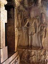 Shiva Gangadhara, Parvati, Bhagiratha (left) at the Ravana Phadi Cave, Aihole, India