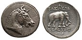 Tetradrachm of Seleucus I, the horned horse, the Elephant and the anchor were all used as symbols of the Seleucid monarchy.[1][2] of