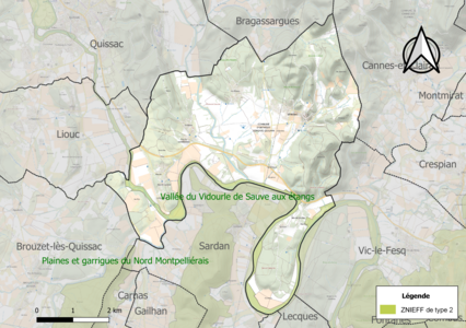 Carte de la ZNIEFF de type 2 sur la commune.