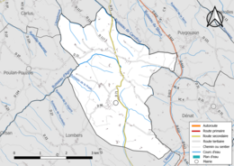 Carte en couleur présentant le réseau hydrographique de la commune