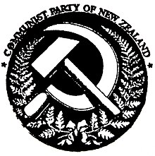 black and white graphic hammer and sickle with ferns in a circle and the name along the top