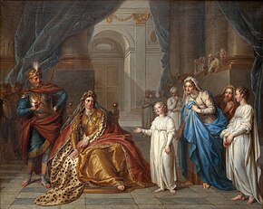 peinture : dans un palais à colonnades, au centre, une femme assise et richement habillée, fixe son regard désapprobateur ou torve sur un enfant vêtu de blanc, placé sur sa gauche. La main de l’enfant est tendue, paume en l'air, son regard est tourné vers le ciel et il s'exprime devant un public attentif. Il est accompagné de trois jeunes femmes. À gauche un groupe de gardes portant des lances et un homme plus proche de la femme tient sa main en l'air.