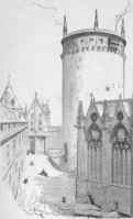 Vue restaurée de la cour et du donjon, gravure par Viollet-le-Duc.