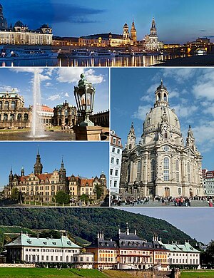 Clockwise:Dresden at night, Dresden Frauenkirche, Schloss Pillnitz, Dresden Castle and Zwinger.