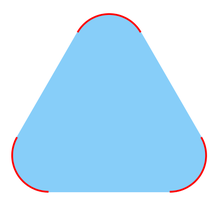 A picture of a smoothed triangle, like a triangular tortilla-chip or a triangular road-sign. Each of the three rounded corners is drawn with a red curve. The remaining interior points of the triangular shape are shaded with blue.