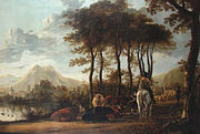 "River Landscape with Horsemen and Peasants"