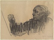 Kathe Kollwitz, "Self Portrait", charcoal on brown laid Ingres paper, 1933