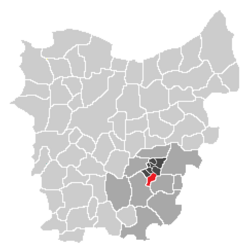 Localisation of Aaigem in the community of Erpe-Mere in the arrondissement of Aalst in the province of East-Flanders.