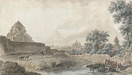 A 1783 watercolor of the churches of Etchmiadzin with Ararat by Mikhail Matveevich Ivanov.[186][187][p]