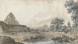 A 1783 watercolor of the churches of Etchmiadzin with Ararat by Mikhail Matveevich Ivanov.[198][199][t]