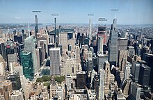 View of Midtown Manhattan in September 2023, looking north from the Empire State Building's 102nd floor (1,224 feet or 373 meters above ground level). 111 West 57th Street is labeled as "Steinway Tower".