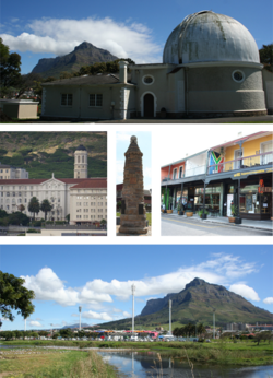 Top: One of the historic buildings at the former Royal Observatory, Cape of Good Hope. Middle left: Groote Schuur Hospital. Centre Middle: A World War I monument. Middle right: Cafes on lower main road in Observatory. Bottom: Observatory's soccer and hockey stadium looking towards Devil's Peak.