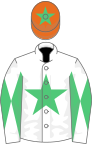 WHITE, emerald green star, diabolo on sleeves, orange cap, emerald green star