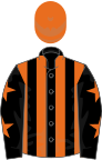 Black and orange stripes, black sleeves, orange stars, orange cap