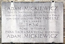 Plaque en souvenir d'Adam Mickiewicz, 63 rue de Seine