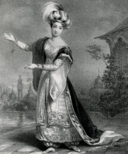 Black and white engraving of a woman in elaborate costume