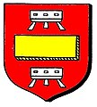 Gules, a fess humette or, between two trestles, argent