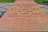 In Appreciation (by the people of) Alsace to the 1st French Army of the Rhine and Danube and their American Comrades (who) liberated Alsace 1944–1945. The U.S. 21st Army Corps, U.S. 12th Armored Division, the U.S. 3rd, 28th, 75th, 36th, 45th, 63rd, 103rd Infantry Divisions.