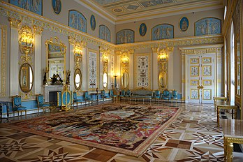 Intérieur du palais de Catherine, à Pouchkine, le « Versailles russe », au sud de Saint-Pétersbourg. (définition réelle 3 188 × 2 121)