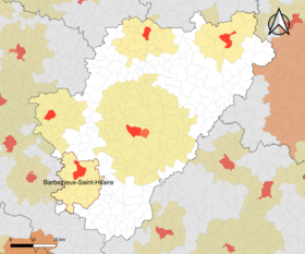 Localisation de l'aire d'attraction de Barbezieux-Saint-Hilaire dans le département de la Charente.
