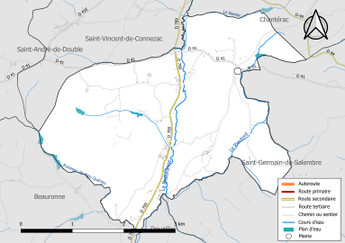 Carte en couleur présentant le réseau hydrographique de la commune