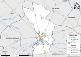 Carte en couleur présentant le réseau hydrographique de la commune