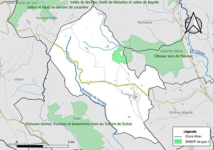 Carte de la ZNIEFF de type 1 sur la commune.