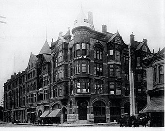 American National Bank (later California Bank) Building (1878-1911), southwest corner, 1890. To the viewer's left (south) are the turret and two gables of the YMCA Building (1889), then the Potomac Block (1890).