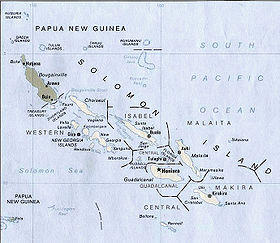 Carte l'archipel partagé entre les Îles Salomon (en clair) et la Papouasie-Nouvelle-Guinée (en foncé).