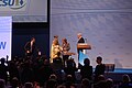 Bundeskanzlerin Angela Merkel erhält auf dem CSU-Parteitag am 12. Dezember 2014 in Nürnberg vom Nürnberger Christkind und Horst Seehofer ein Geschenk.